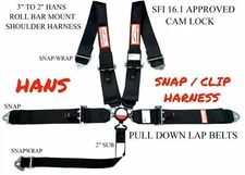 RACERDIRECT HANS HARNESS CAM LOCK RACING BELT SFI 16.1 5 POINT CLIP IN BLACK