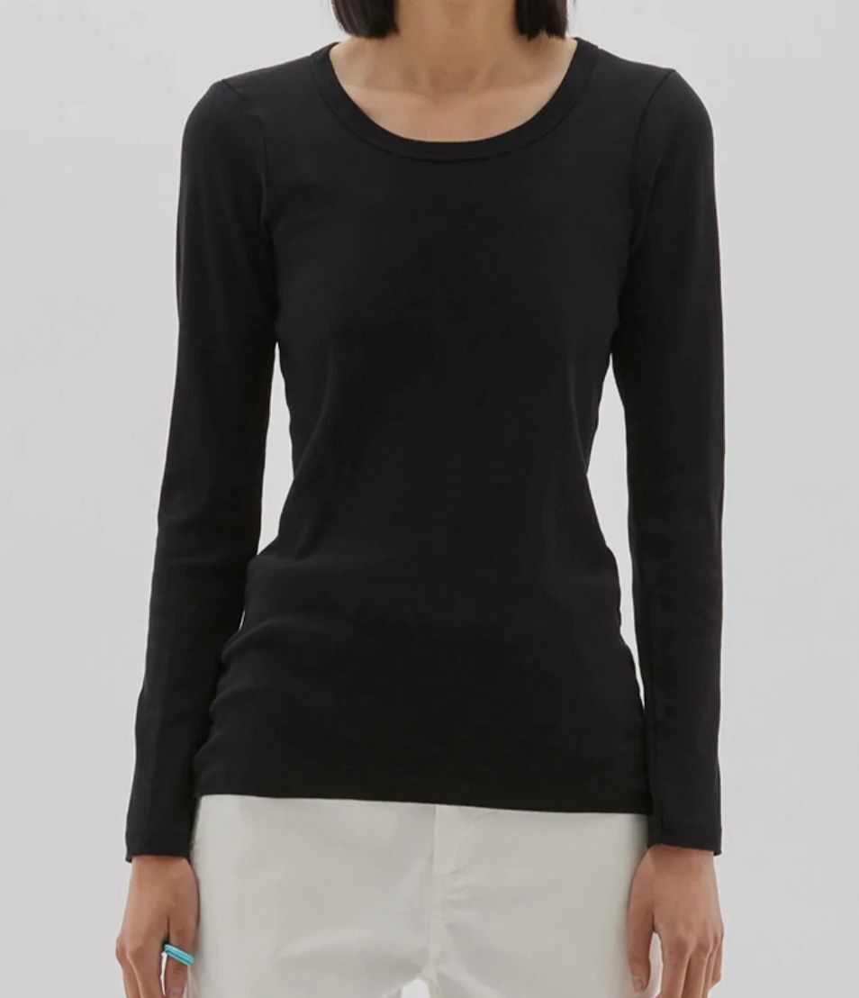 $195 Bassike Women's Black Slit Scoop Neck Ribbed Long Sleeve T-Shirt Top Size 3