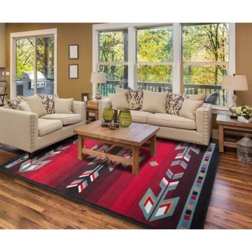 Aztec Area Rug Southwestern Red Black Turquoise/Green Arrow Floor Carpet 8' x 10 - Picture 1 of 8