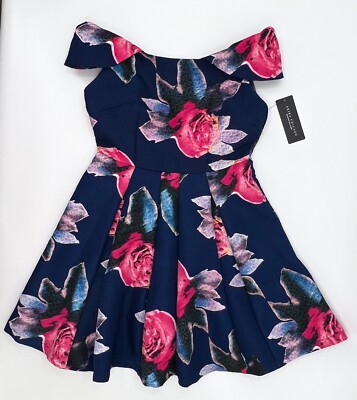 NEW Akira Chicago Dress Small Navy Floral Fit and Flare Cold Shoulder Zip  Lined* | eBay