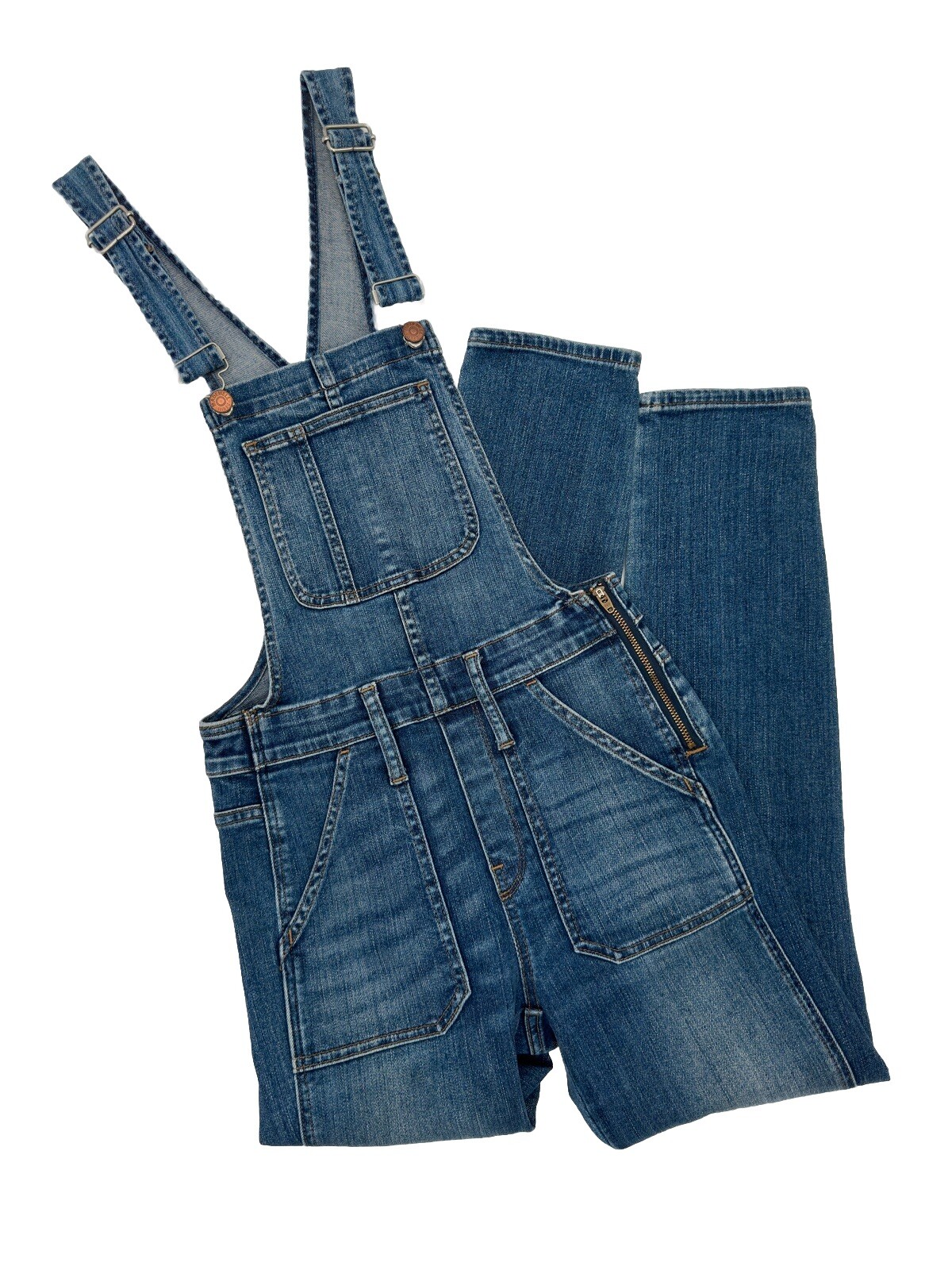 Madewell Stovepipe Denim Overalls XS Medium Wash Blue Zip Side G7691