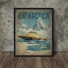 Retro UFO ANTARCTICA Travel Poster, Sci-fi Snow Alien UAP Crash Disclosure Decor