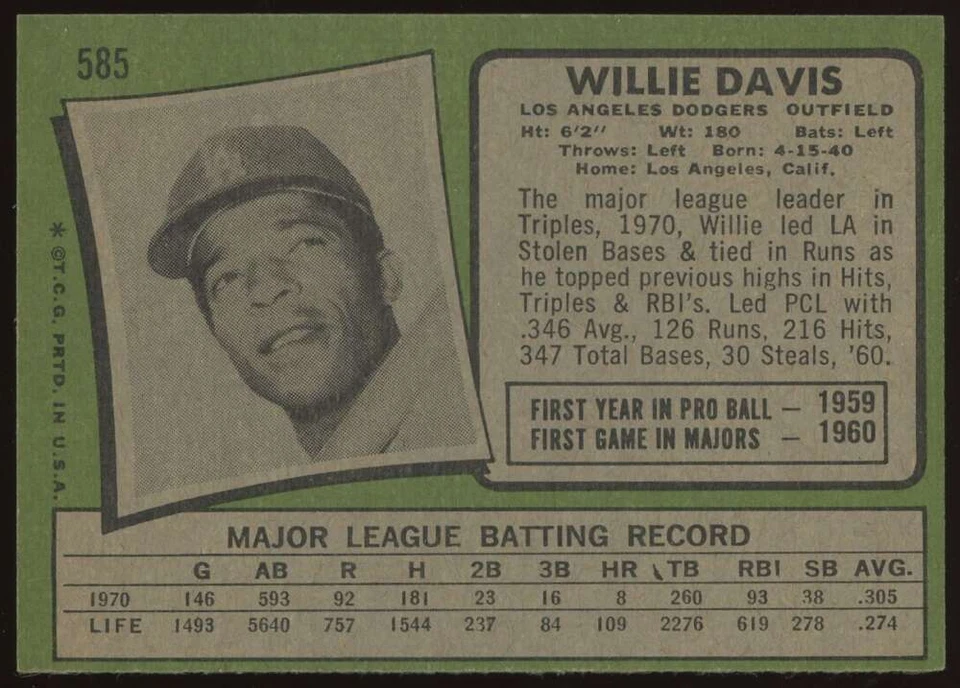 1971 Topps Willie Davis #585 Los Angeles Dodgers NM Near Mint - Image 2 of 2