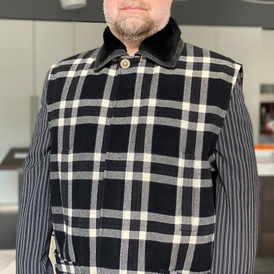 GIANNI VERSACE plaid coat wool & cashmere quilted w/ fur collar F