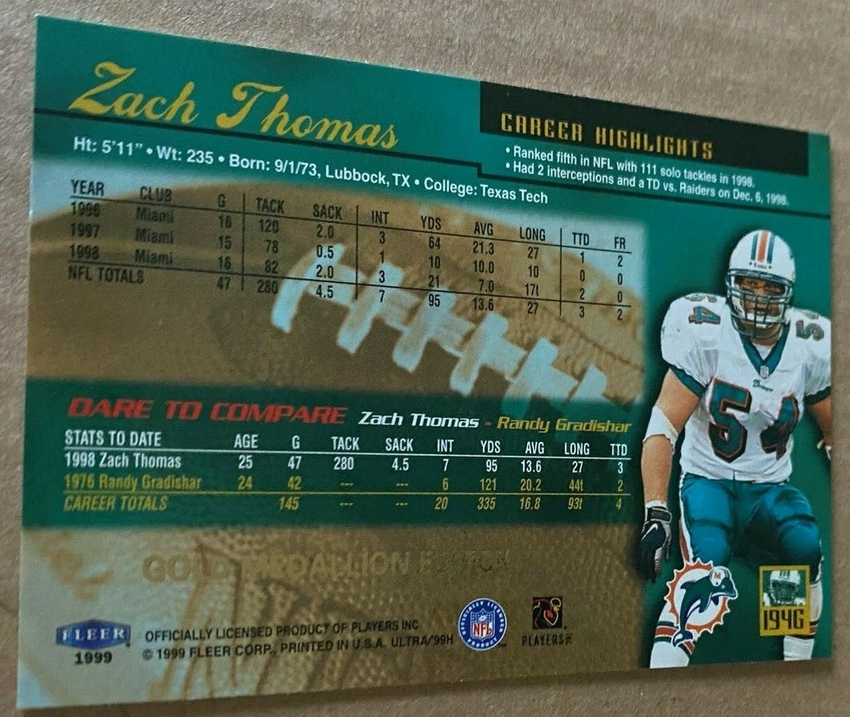 ZACH THOMAS 1999 ULTRA GOLD MEDALLION Card #194G NM-MT Condition