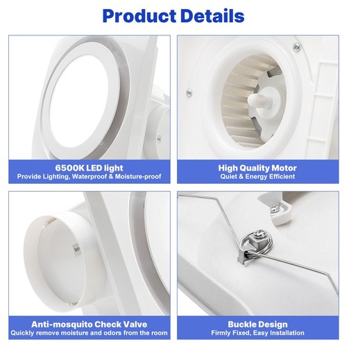 110 CFM Bathroom Exhaust Fan with 12W 6000K LED Light 1.0 Sones Quiet Vent Fan - Picture 5 of 7