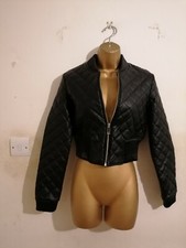 Black Padded Quilted Leather Look Pu Puffer Crop Biker Bomber Jacket Uk 8 10 12