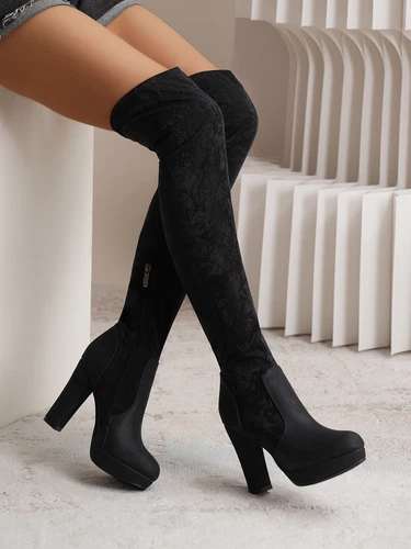 Neu lange Schuhe dehnbar Overknee Damen hoher Blockabsatz Stiefel sexy Schuhe Gr. - Bild 9 von 20