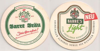 Barre Bräu, Lübbecke - alter Bierdeckel ''Barre's Light'' (NEU)