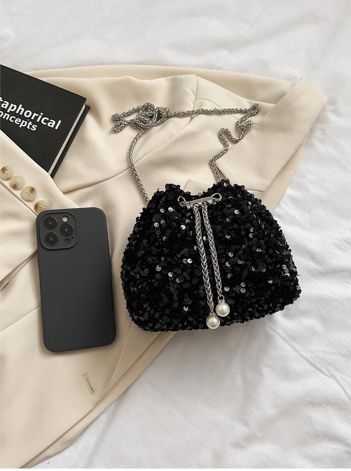 Mini bolso cubo negro con lentejuelas brillantes cierre de cordón bolso de hombro Foto 2 de 4