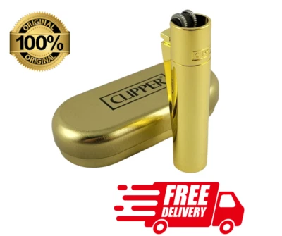 Genuine Clipper Metal Gold Refillable Lighter (With Case) Gift Tin Box