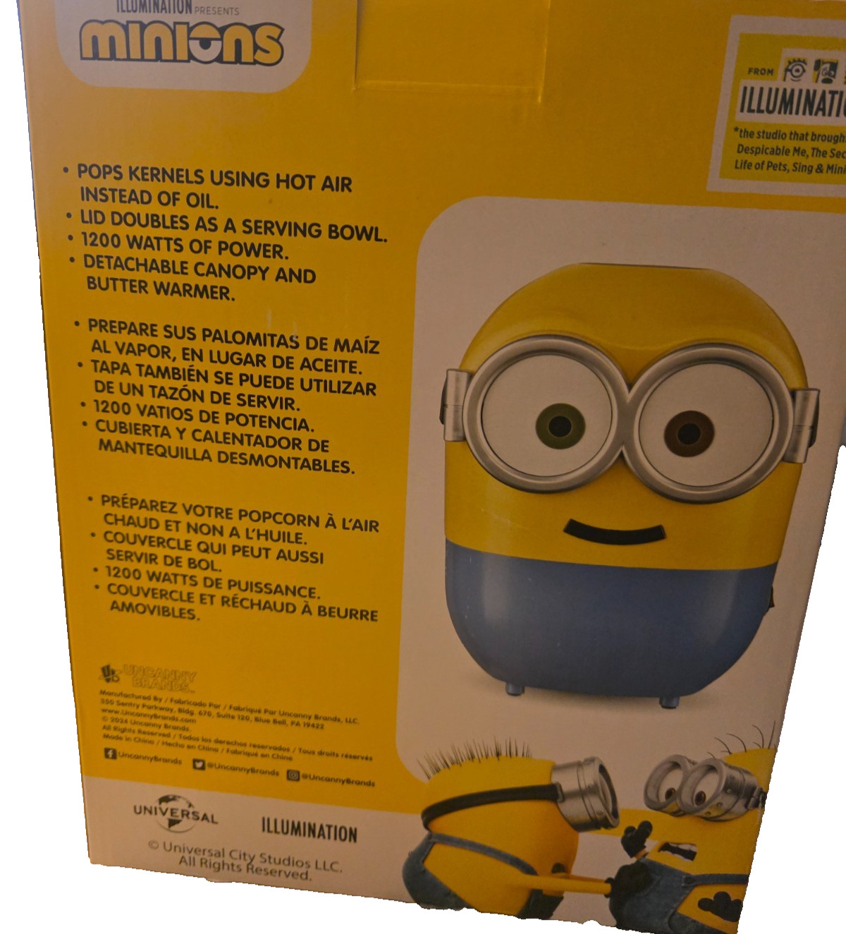 Minions Hot Air Popcorn Maker 12” Tall 1200W Oil-Free Popper New Movie Gift