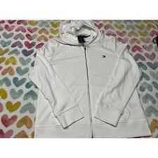Tommy Hilfiger Womens Full Zip Hoodie White Small Logo Casual Comfort size L