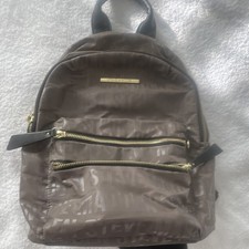 Steve Madden Brown Logo Backpack Gold Hardware Black Straps Zip Inner Pockets