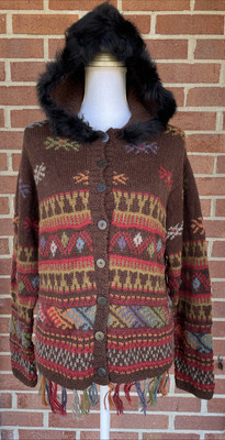 Peruvian Connection Intarsia Alpaca Fur Trim Hood Cardigan Sz L Brown Multi Boho