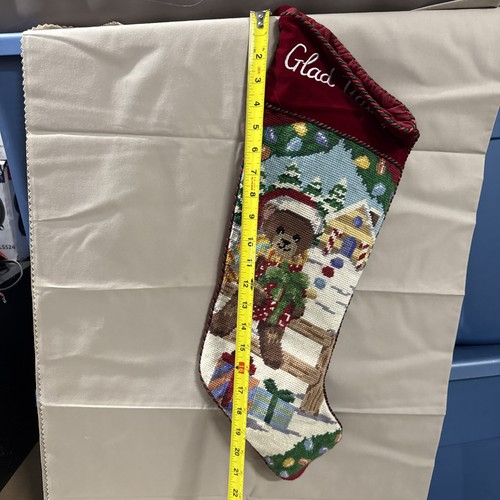 Medias de Navidad grandes vintage bordadas a punta de aguja de 24 pulgadas oso de peluche leer - Imagen 8 de 9