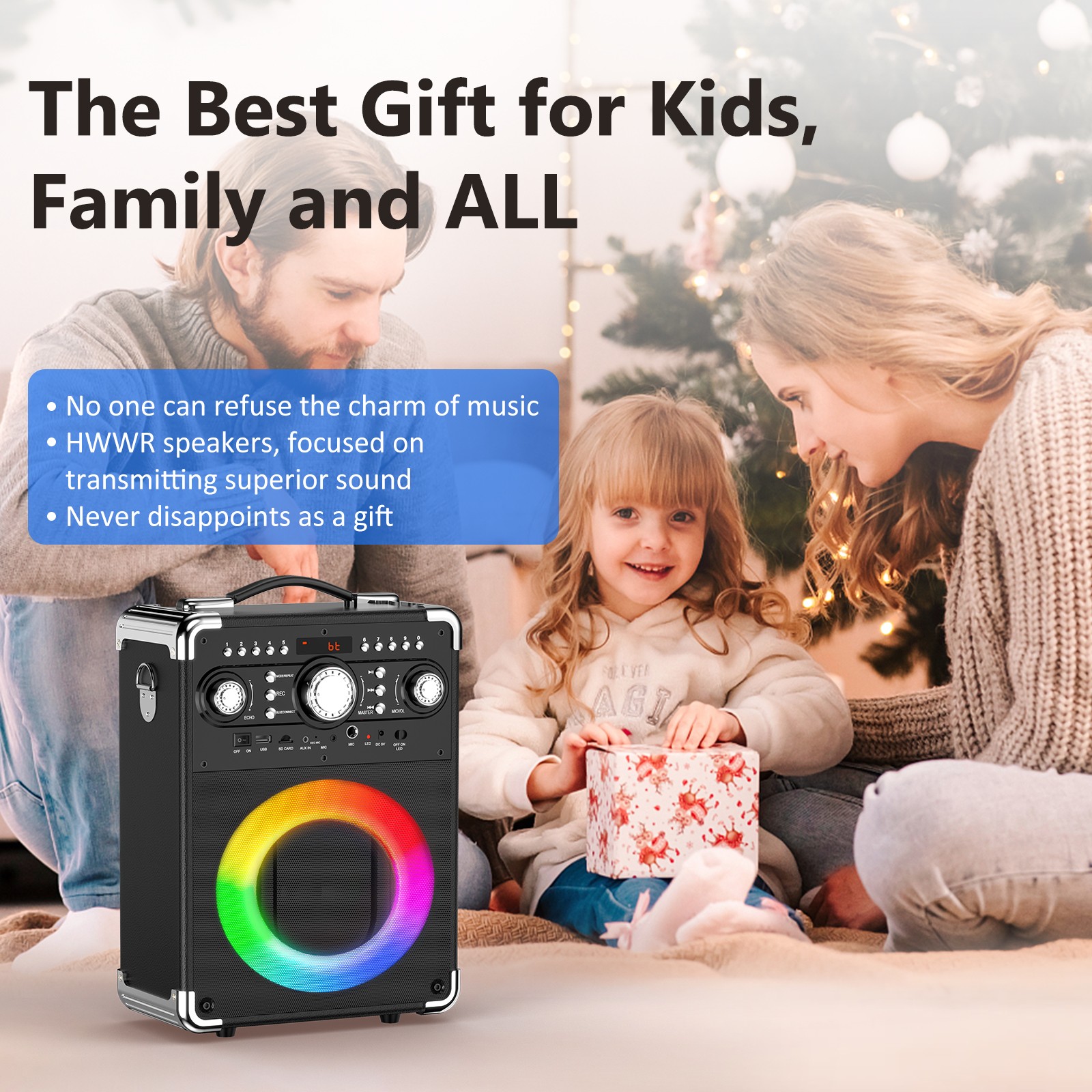 Máquina de karaoke parlante Bluetooth con 3 micrófonos y control remoto para fiestas navideñas, reproductor de música, imagen 6