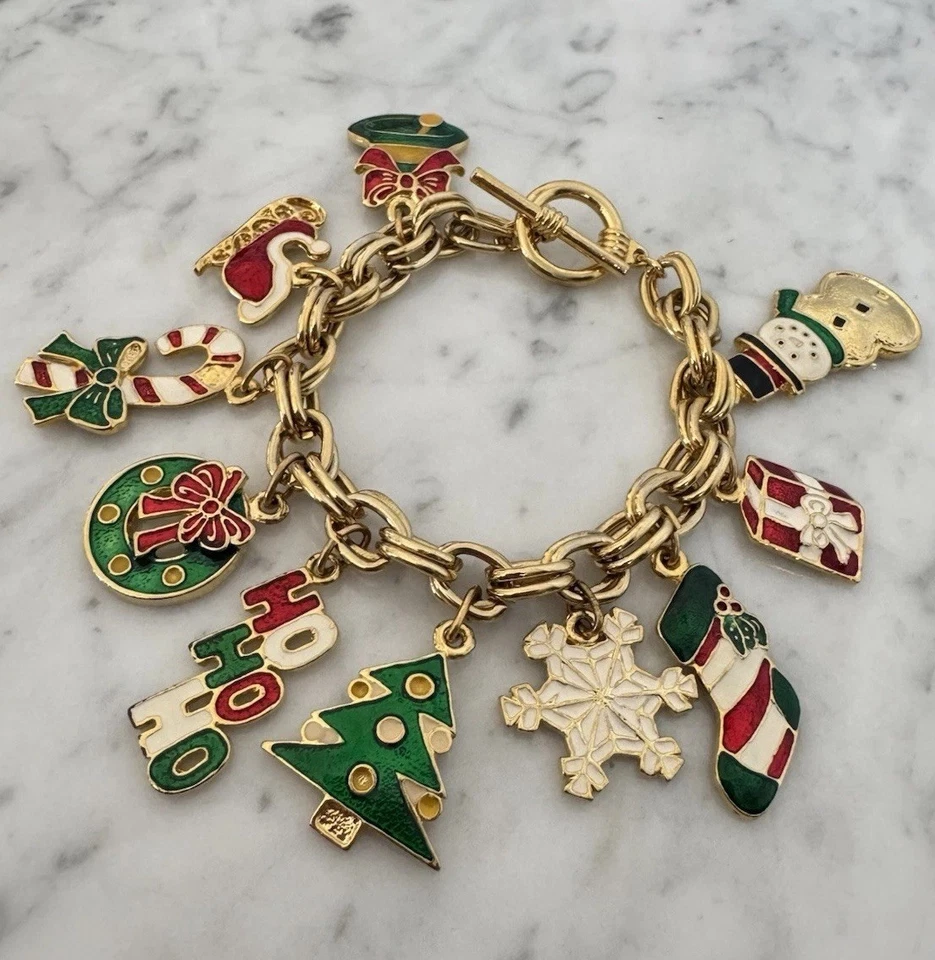 Brazalete de 7" con cadena de doble eslabón tono dorado esmalte rojo/verde tema navideño Foto 2 de 4