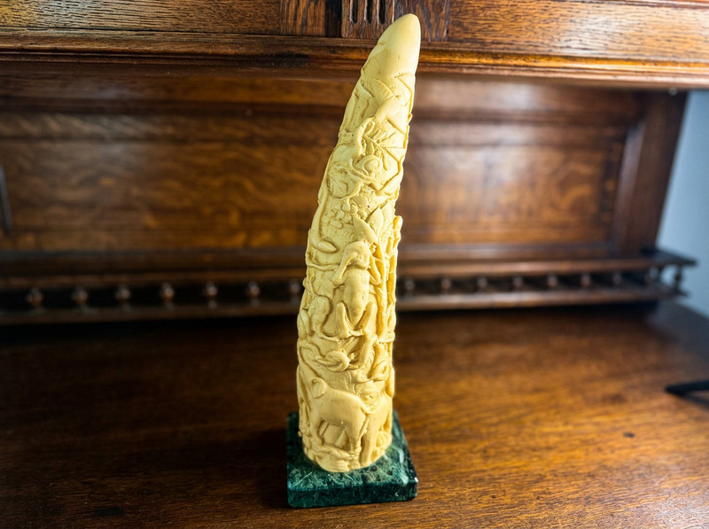 Detailed Faux Ivory Jungle Tusk Sculpture 17" Elephants Monkeys