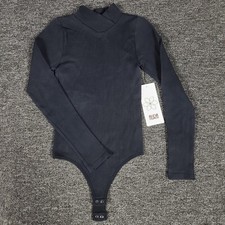 Aura Bodysuit Womens S/M Black Nylon Stretch Ribbed Long Sleeve NWT New