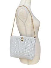 Vintage Whiting And Davis Mesh Purse Crossbody White Gold Leather Trim Hardware