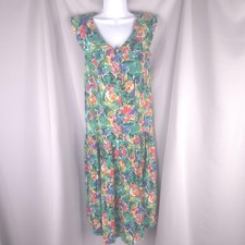 VTG 90s Express Dress M Green Floral Rayon Drop Waist Pleated Midi Compagnie