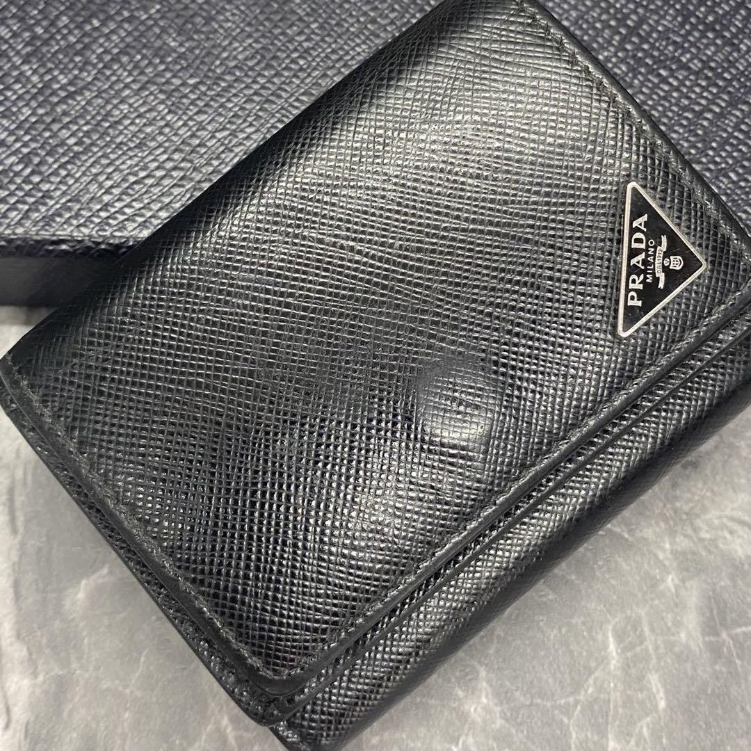 Prada Black Saffiano Leather Tri-Fold Wallet with Logo Authentic
