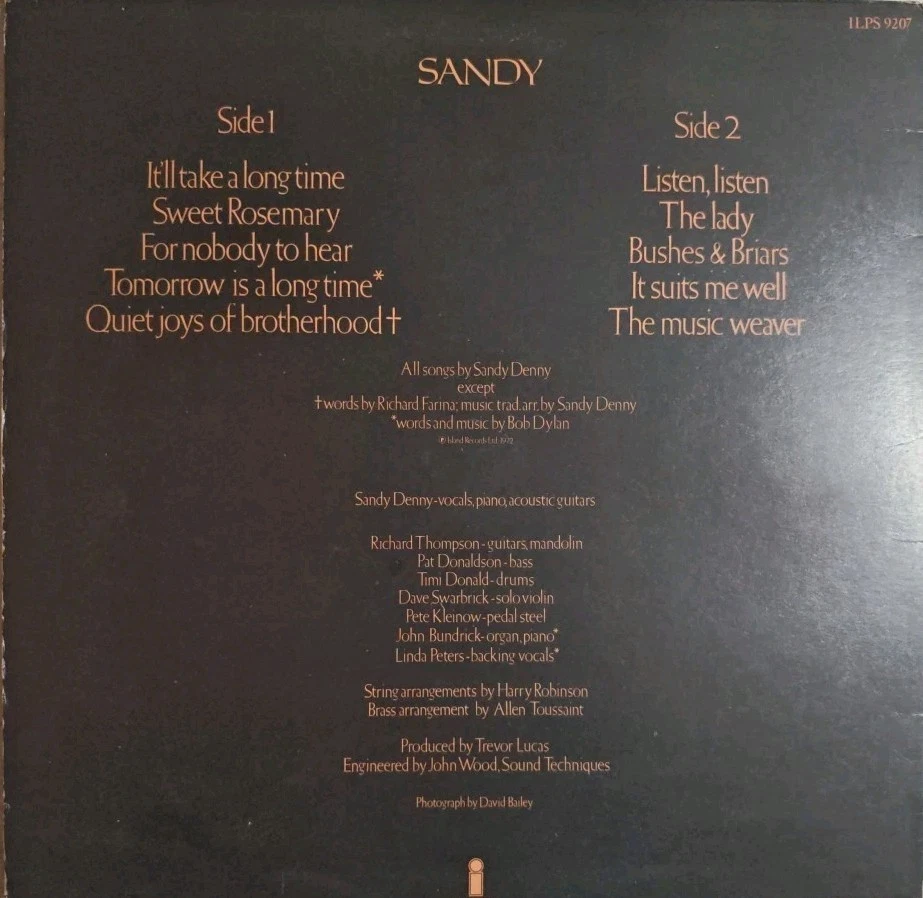 Sandy Denny Sandy Vinyl Record VG/VG ILPS-9207 1972 - Imagem 2 de 2