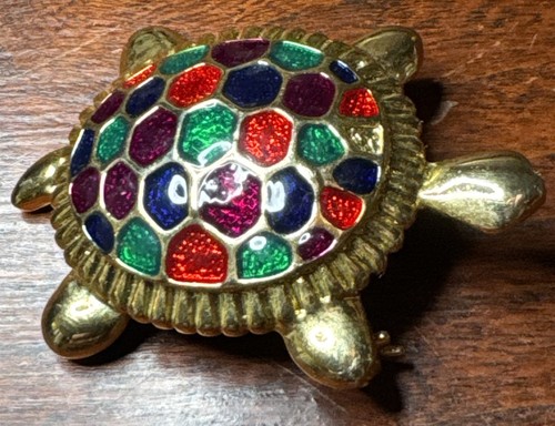 VINTAGE MULTI COLOR ENAMEL  TURTLE PIN BROOCH ESTATE