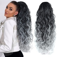 Ombre Gray Ponytail hairpiece for black women Drawstring Long Curly Pony Tail...