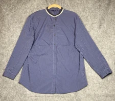 LAFAYETTE 148 NEW YORK Womens Shirt Medium Blue Vertical Striped Priest Neckline