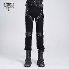 Devil Fashion Men Black Gothic Punk Trousers Studded Faux Leather Splicing Pants