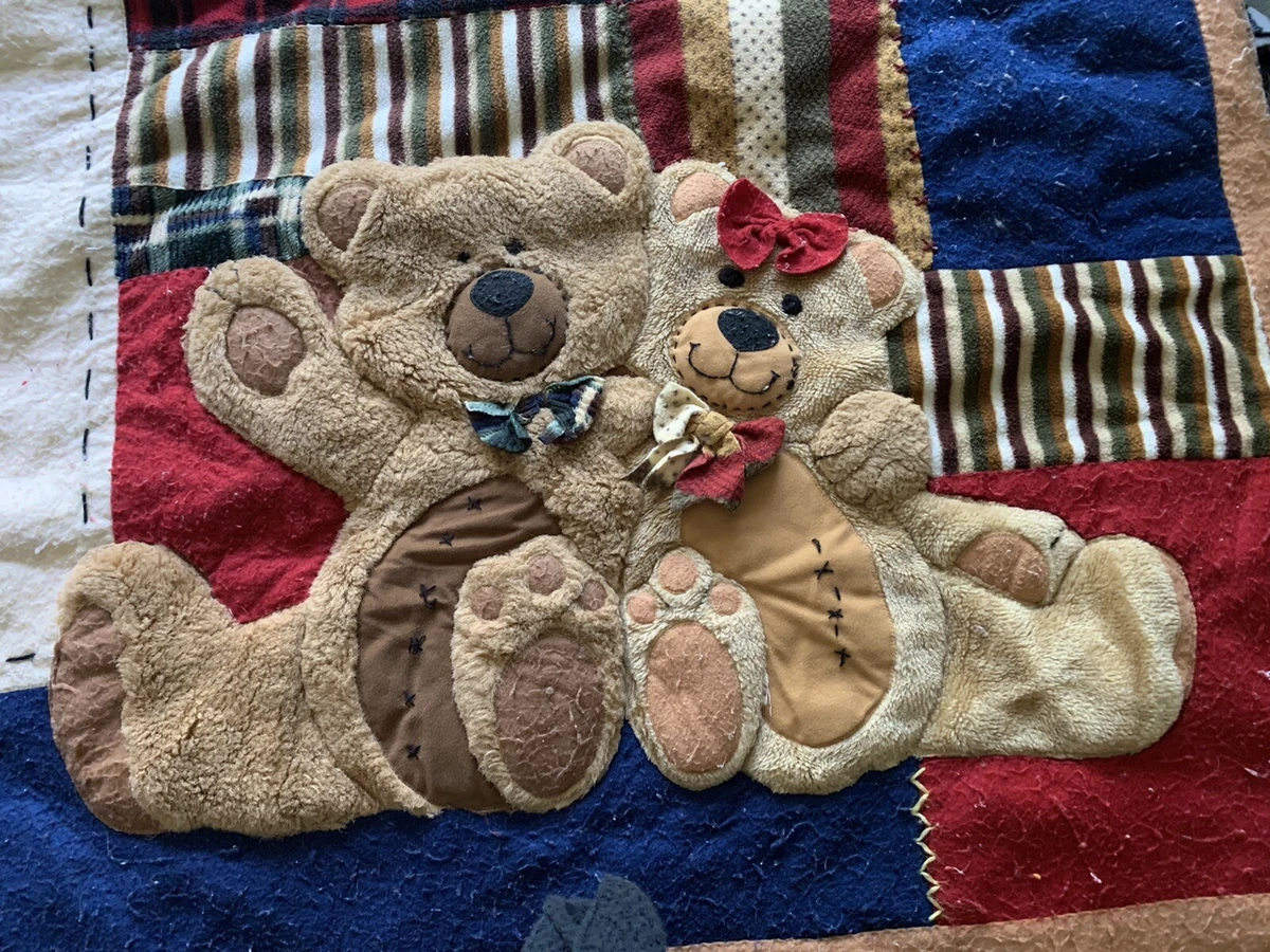 VTG Primitive Country Style Puffy Teddy Bear Patchwork Child s Bed Crib Quilt