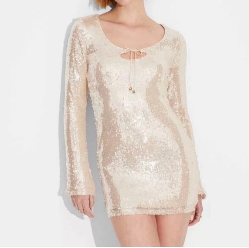 Women's Long Sleeve Sequin Mini Shift Holiday Dress - Wild Fable Champagne - Picture 3 of 4