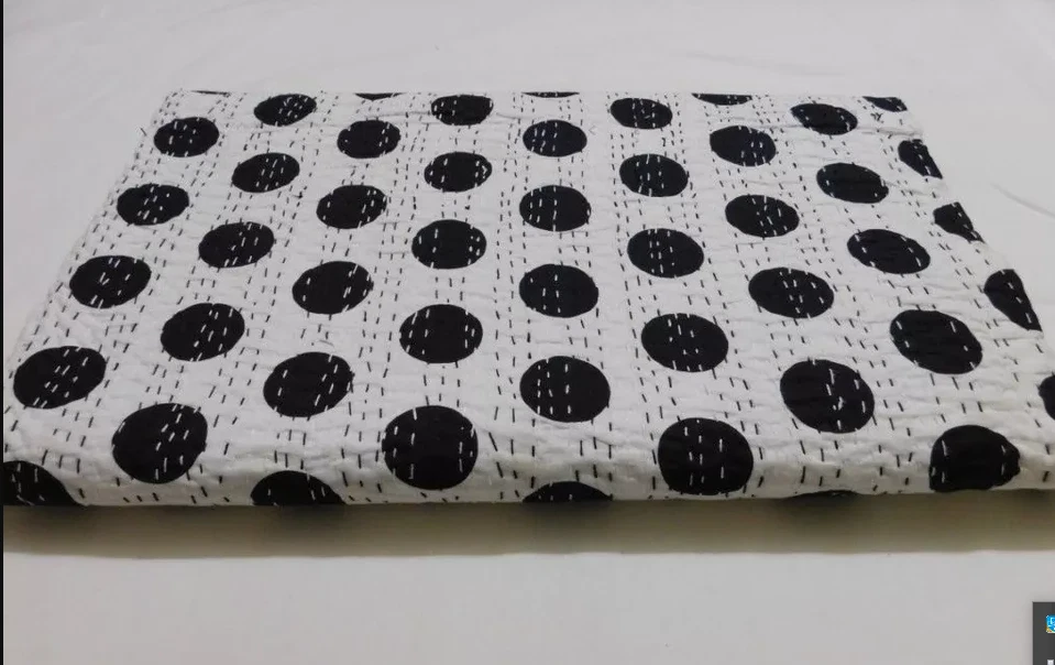 Colcha colcha de algodón Kantha india talla Queen negra a lunares vintage Foto 3 de 3