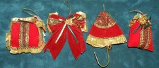 SET OF 4 LOVELY VINTAGE RED VELVET AND GOLD CHRISTMAS TREE ORNAMENTS 