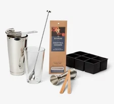 Cocktail Stainless Set w Shaker, Glass, Strainer, Muddler, Jigger, Ice Cube Tray