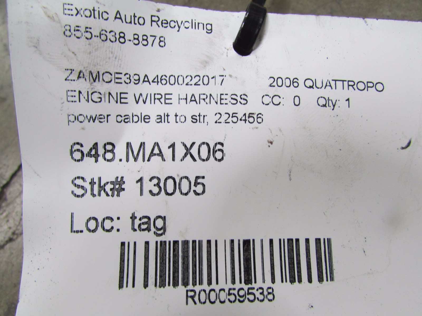 Maserati Quattroporte, Alt to Starter Power Cable, Wire Harness, Used P/N 225456