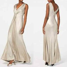 Calvin Klein Sleeveless Plunging Metallic Gown with Twist Knot Front