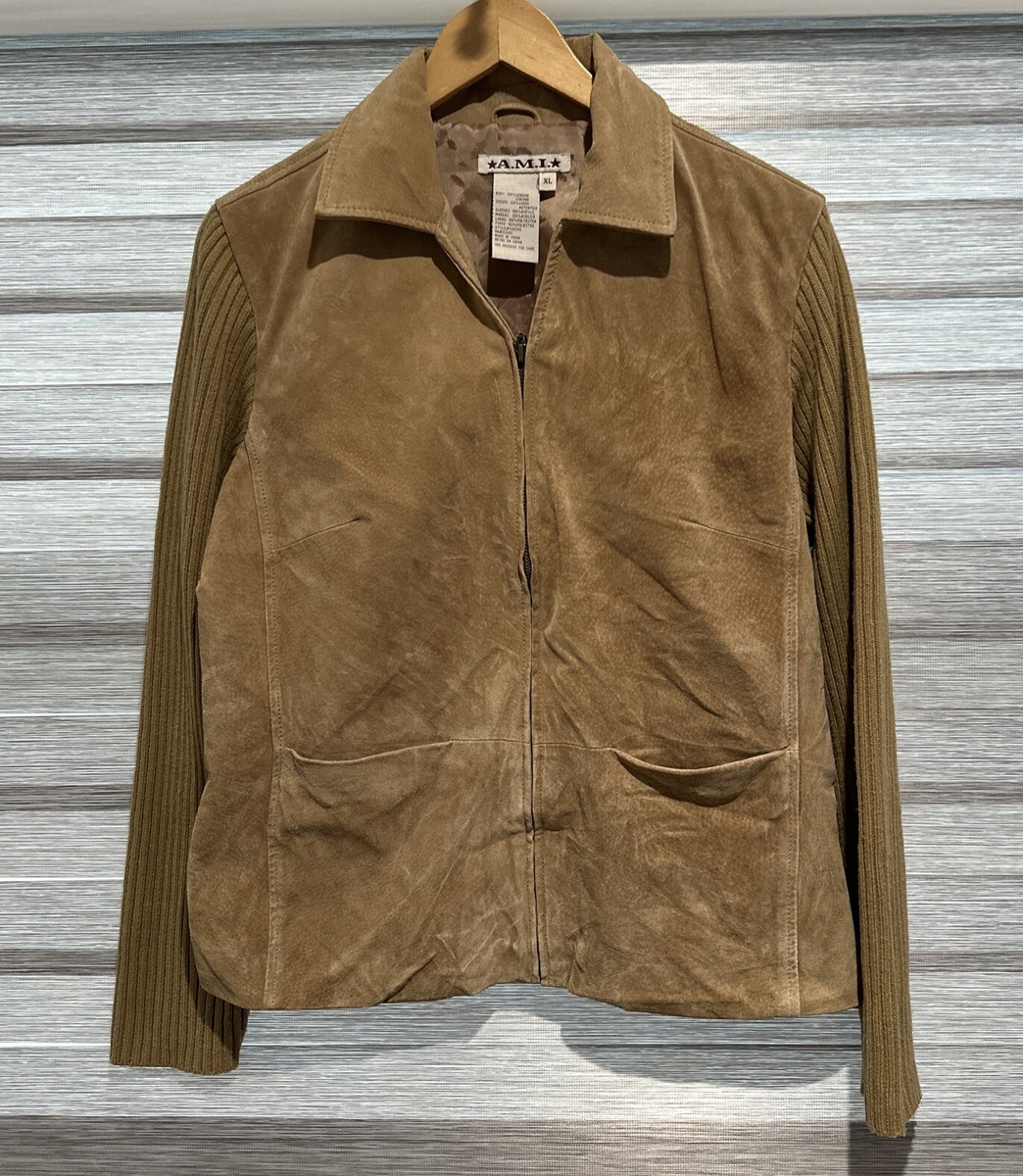 A.M.I. Leather Jacket with Sweater Arms Womens Size XL Tan A.M.I. Leather Jacket with Sweater Arms Womens Size XL Tan