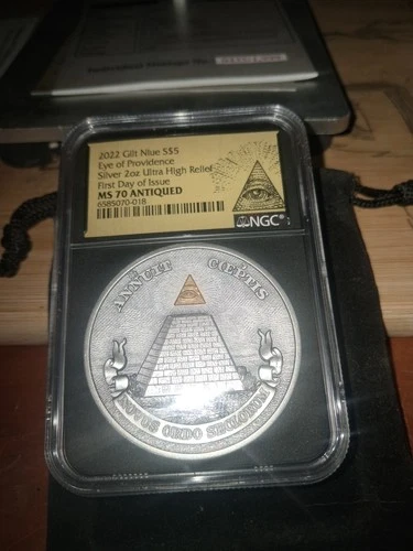 2022 $5 Niue 2oz Gilt Silver Eye of Providence Ultra High Relief NGC MS70 ANTIQ