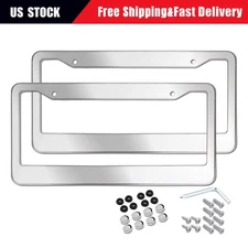 Stainless Steel License Plate Frames (2PCS) Chrome Metal Tag Covers w/Screw Caps