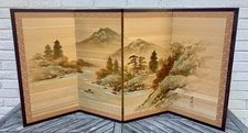 Vintage Japanese Byobu Four-Panel Folding Screen Hand-Painted Autumn Landscape