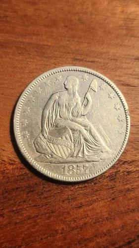 1857 Seated Liberty Half Dollar, 50c Coin - Philadelphia - 90% Silver - AU