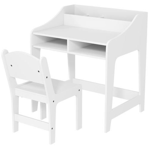 Qaba Kids Desk and Chair Set Wooden Study Writing Table Storage, White