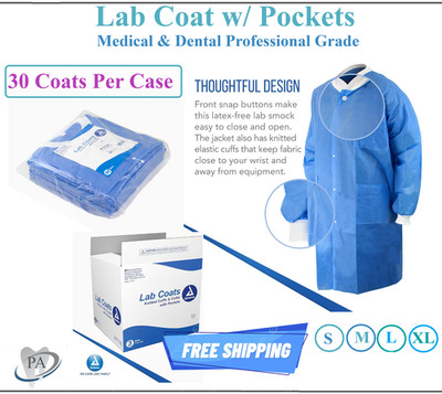 30 PCS DISPOSABLE BLUE LAB COATS, 3 POCKETS, LARGE, Medium, UNISEX, Knee Length