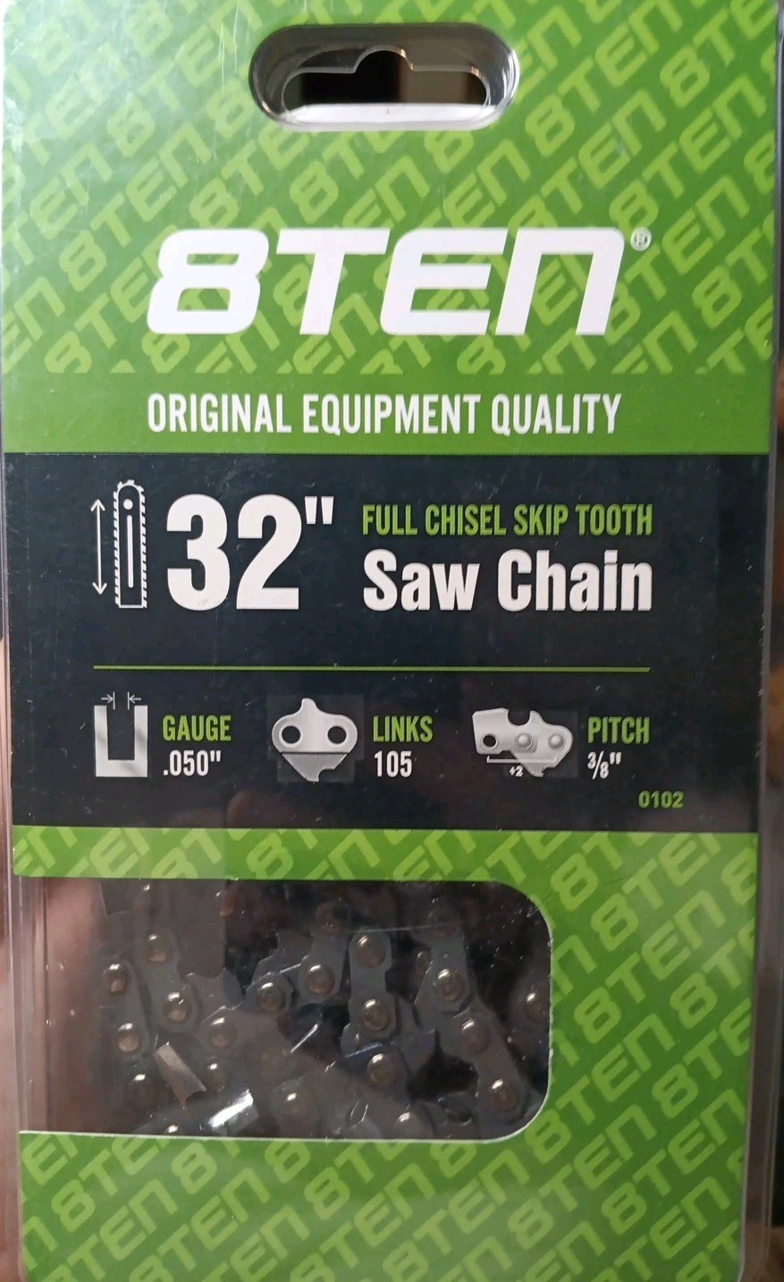 8TEN 32" Chainsaw Chain. Full Chisel Skip Tooth .050 105 Links 3/8 Pitch.