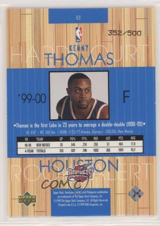 1999-00 Hardcourt Alert Rainbow Baseline Grooves /500 Kenny Thomas #63 Rookie RC - Image 2 of 2