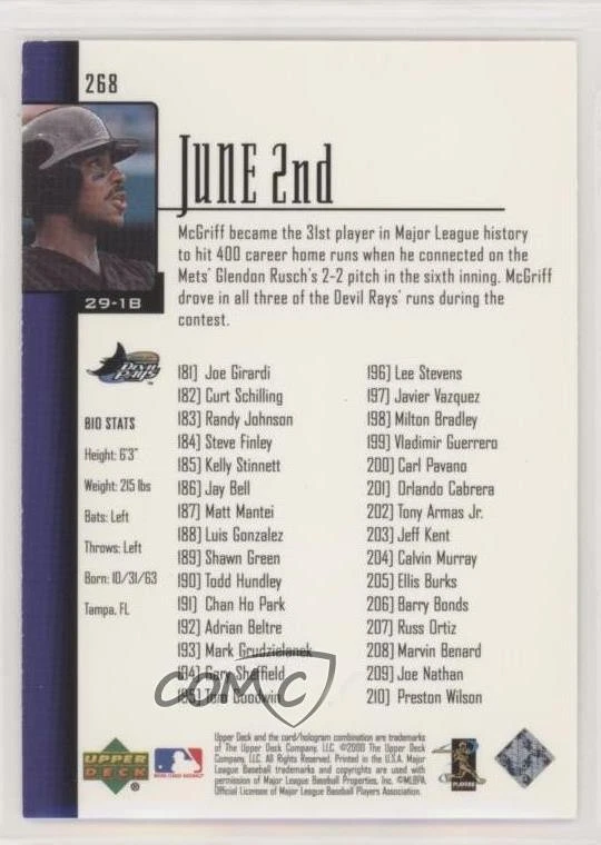 2001 Upper Deck Season Highlights Checklist Fred McGriff #268 HOF - Image 2 of 2