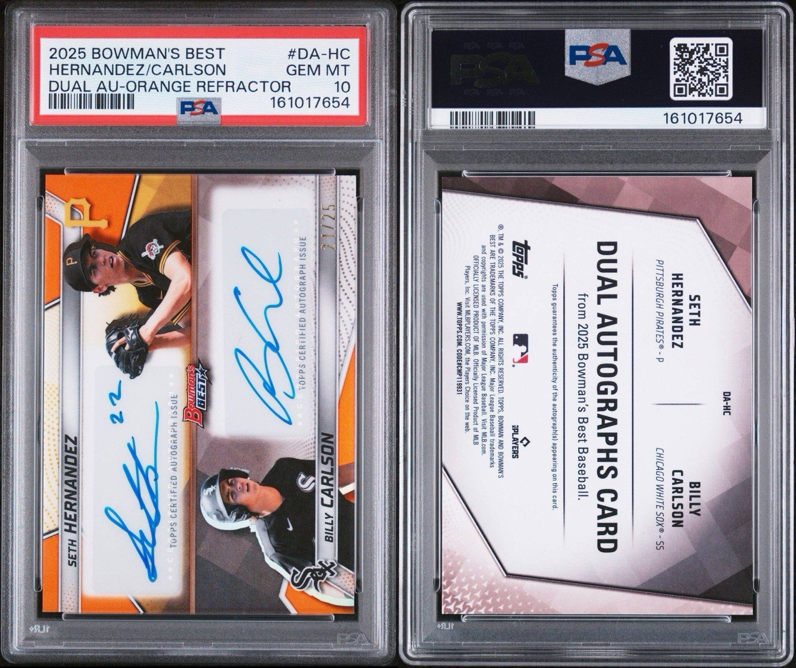 2025 BOWMAN BEST Seth Hernandez/carlson /25 DUAL AUTO ORANGE REF POP 1 PSA 10 view 4